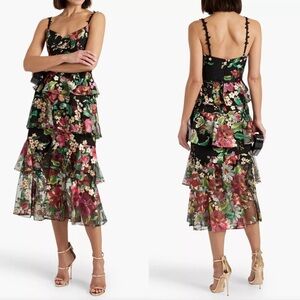 Marchesa Notte Tiered Floral-Embroidered Dress Black